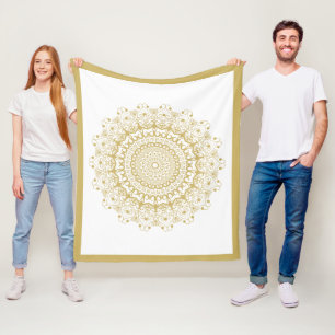 Gold on white ornate mandal pattern fleece blanket