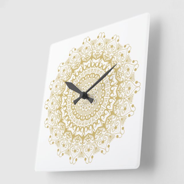 Gold on white ornate mandal pattern square wall clock (Angle)