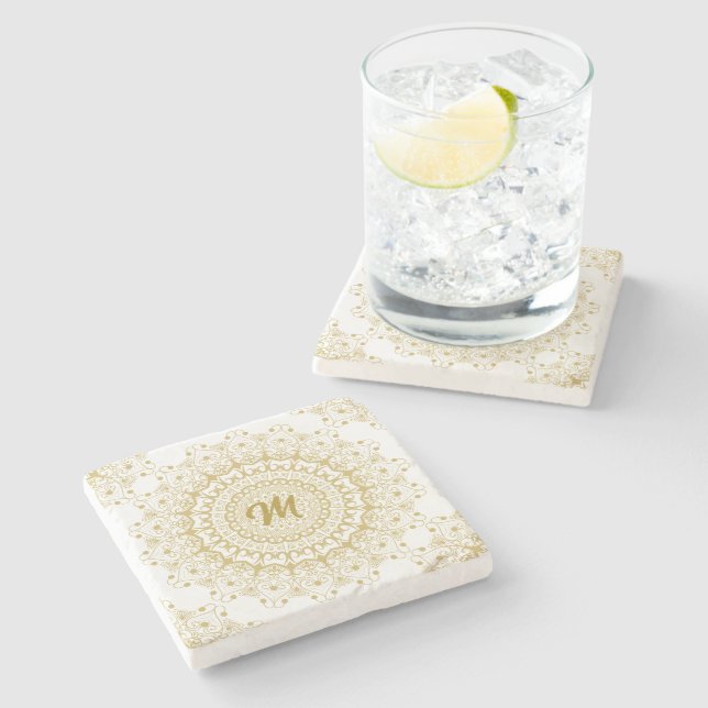 Gold on white ornate mandal pattern stone coaster (Side)