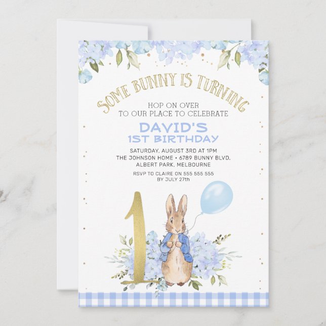 Gold One Blue Floral Peter Rabbit 1st Birthday Invitation (Front)