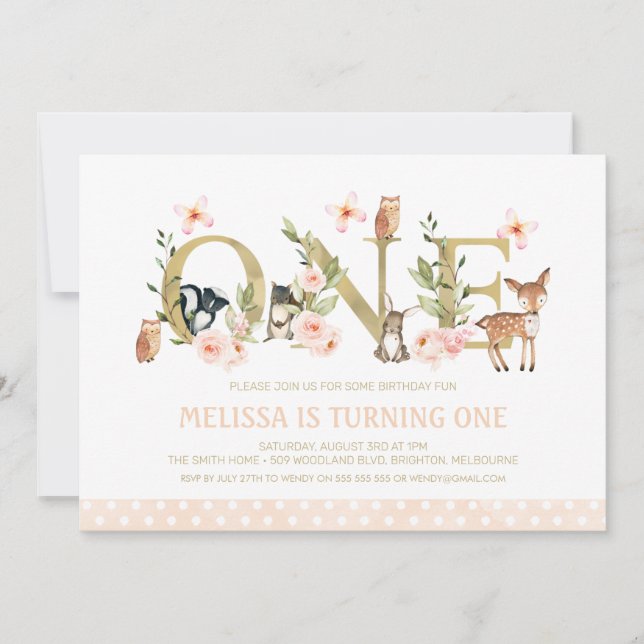 Gold One  Floral Woodland Animals 1st Birthday Invitation (Front)