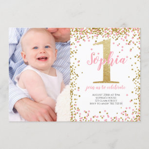 Gold One Glitter Pink Girl First Birthday Photo Invitation