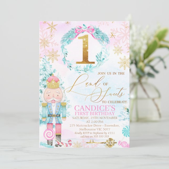Gold One Land of Sweets Nutcracker Birthday Invitation (Standing Front)