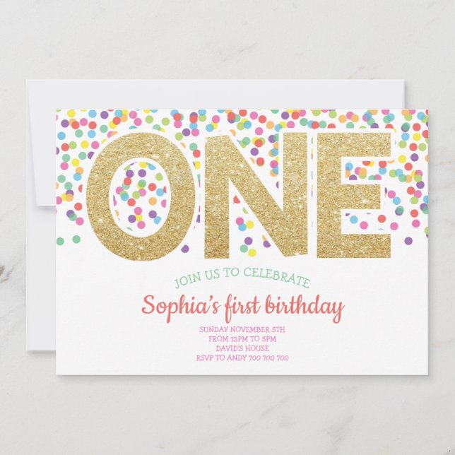 Gold One Rainbow Confetti Baby Girl 1st Birthday Invitation (Front)