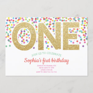 Gold One Rainbow Confetti Baby Girl 1st Birthday Invitation