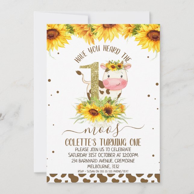Gold One Sunflower Brown Cow Print 1st Birthday Invitation (Front)
