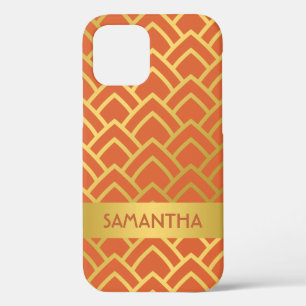 Gold Orange Art Deco Geometric Personalised Name iPhone 12 Case