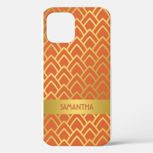Gold Orange Art Deco Geometric Personalised Name iPhone 12 Case