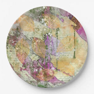 Gold Orange Fall Leaf Leaves on Vintage Decoupage Paper Plate