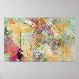Gold Orange Fall Leaf Leaves on Vintage Decoupage Poster