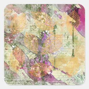 Gold Orange Fall Leaf Leaves on Vintage Decoupage Square Sticker