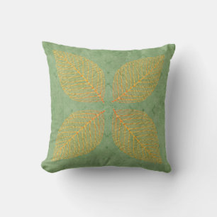 Gold Orange Fall Leaf Leaves on Vintage Green Cushion