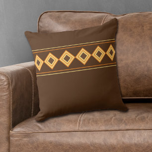 Gold Orange Geometric Diamond Border Brown  Throw  Cushion