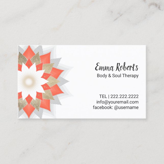 Gold & Orange Lotus Flower Body & Soul Therapy Business Card (Front)