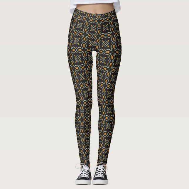 Gold, Orange, on Black Dressy Print Leggings (Front)
