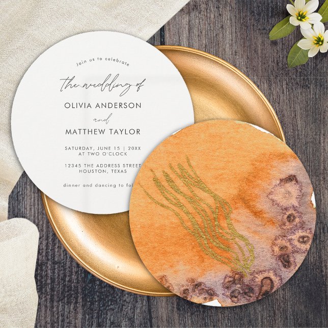 Gold Orange Simple Unique Wedding Watercolor  Invitation (Front/Back)