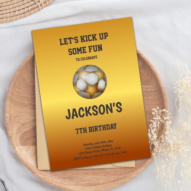 Gold & Orange Soccer Birthday Invitation (Gold Orange Soccer Birthday Invitations)