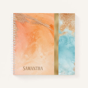 Gold Orange Turquoise Watercolor Abstract Name Notebook