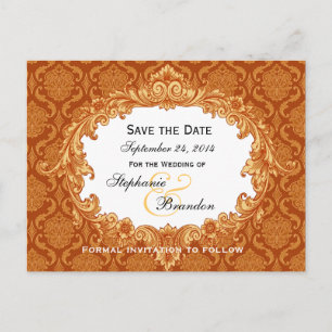 Gold Orange Vintage Damask Wedding Save Date V34 Announcement Postcard