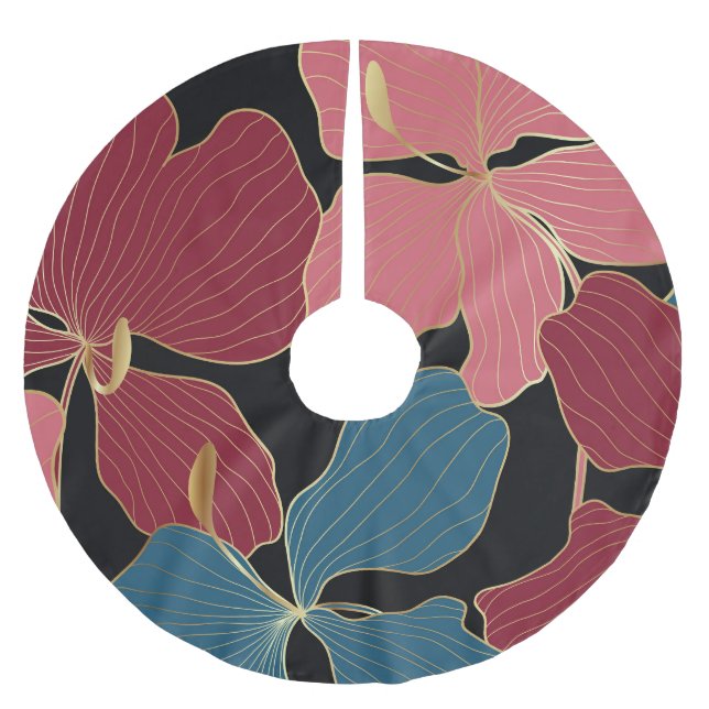 Gold orchids, elegant floral line art. brushed polyester tree skirt (Front)