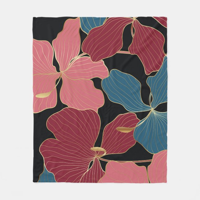 Gold orchids, elegant floral line art. fleece blanket (Front)