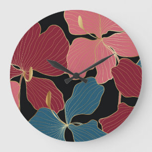 Gold orchids, elegant floral line art. large clock