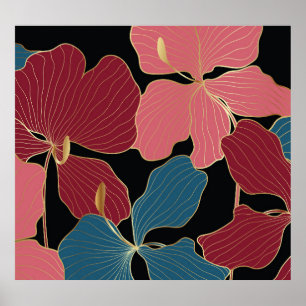 Gold orchids, elegant floral line art. poster