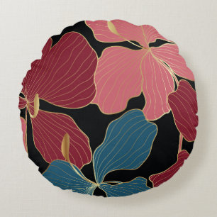 Gold orchids, elegant floral line art. round cushion