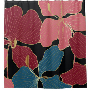 Gold orchids, elegant floral line art. shower curtain