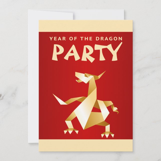 Gold Origami Year of the Dragon on Red Party Invitation (Front)