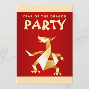 Gold Origami Year of the Dragon on Red Party Invitation