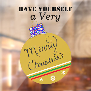 Gold Ornament Ball Merry Christmas Red Green  Window Cling