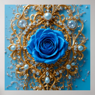 ✨ Gold Ornament Blue Rose Pearl For Elegant home Poster