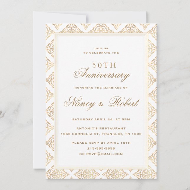 Gold Ornament Frame 50th Wedding Anniversary Invitation (Front)