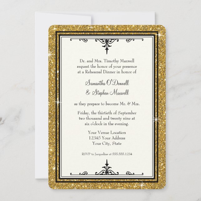 Gold Ornament Glitter Striped Classic Elegant Invitation (Front)