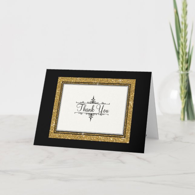 Gold Ornament Glitter Striped Classic Thank You Card (Front)