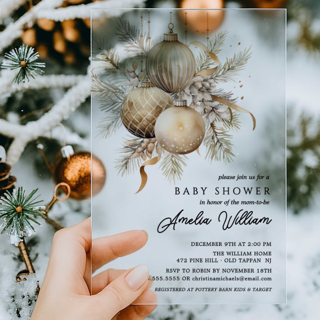 Gold Ornament Holiday Acrylic Baby Shower  Invitations (Creator Uploaded)
