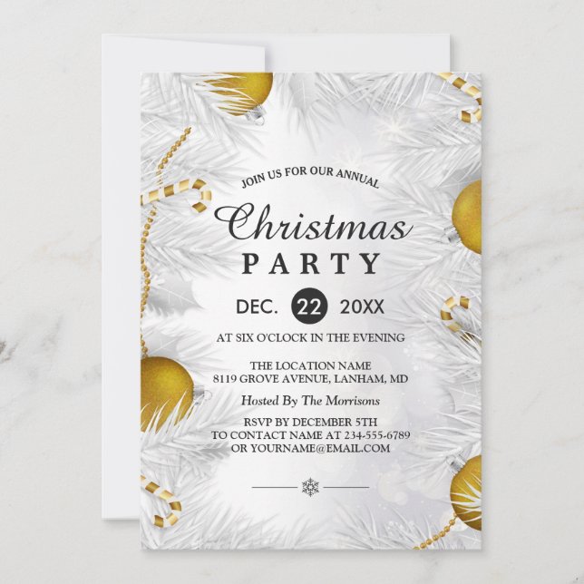 Gold Ornament Silver White Christmas Party Invitation (Front)