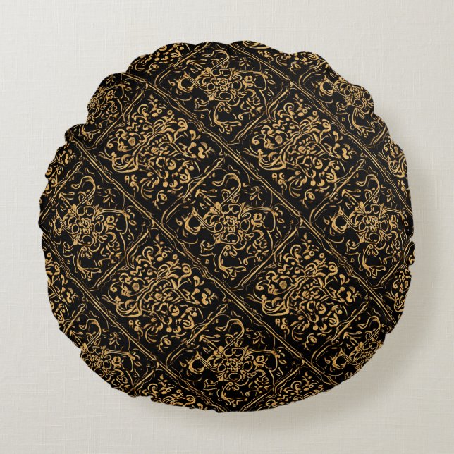 Gold Ornamental Baroque Pattern On Black Round Cushion (Front)