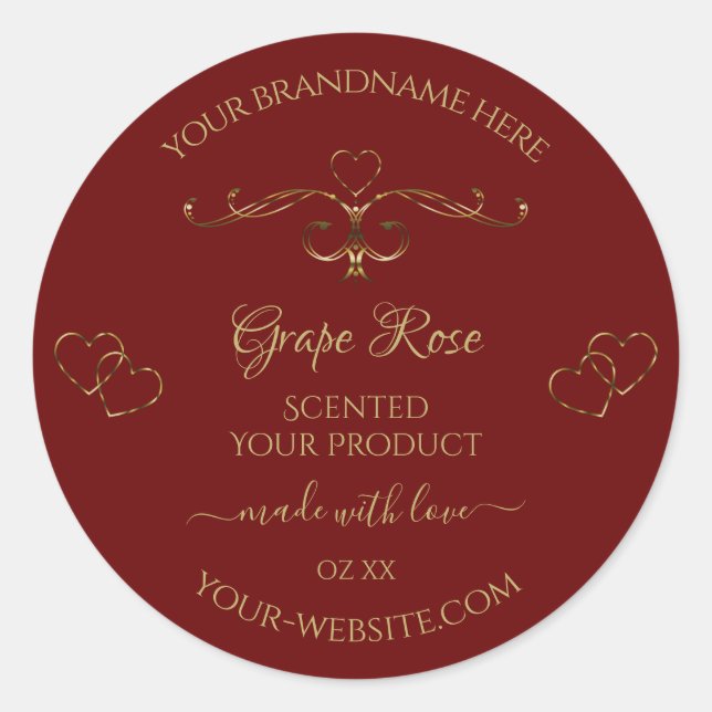 Gold Ornamental Hearts on Dark Red Product Labels (Front)
