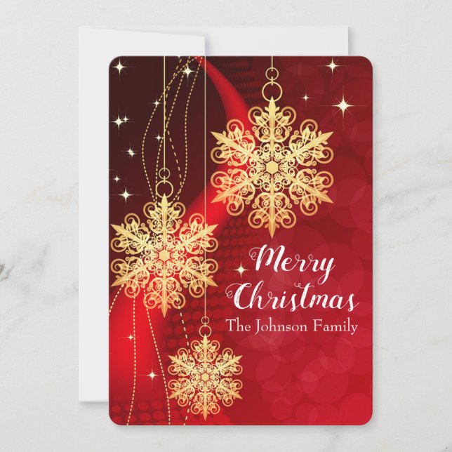 Gold Ornaments and Red Ribbon Holiday Card (Front)