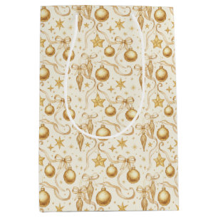 Gold Ornaments Bows Christmas Holiday Medium Gift Bag