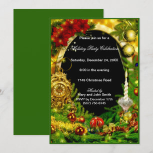Gold Ornaments Green Pine Christmas Party Invitation