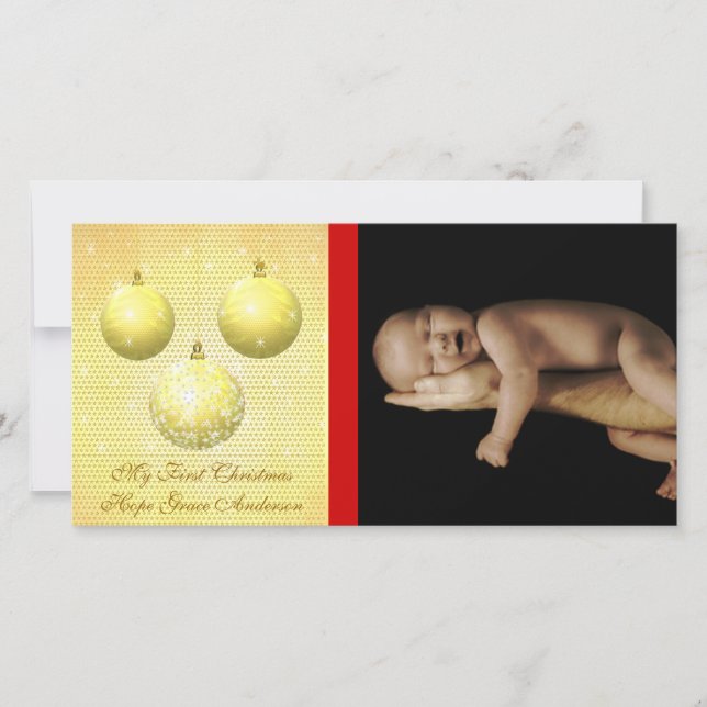 Gold Ornaments My 1st Christmas Baby Photo Card (Front)