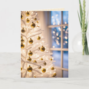 Gold Ornaments On A White Christmas Tree Holiday Card