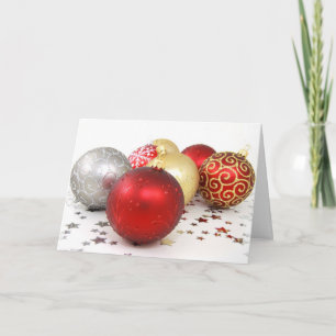 Gold Ornaments, Red Ornaments, Christmas, Glitter Holiday Card