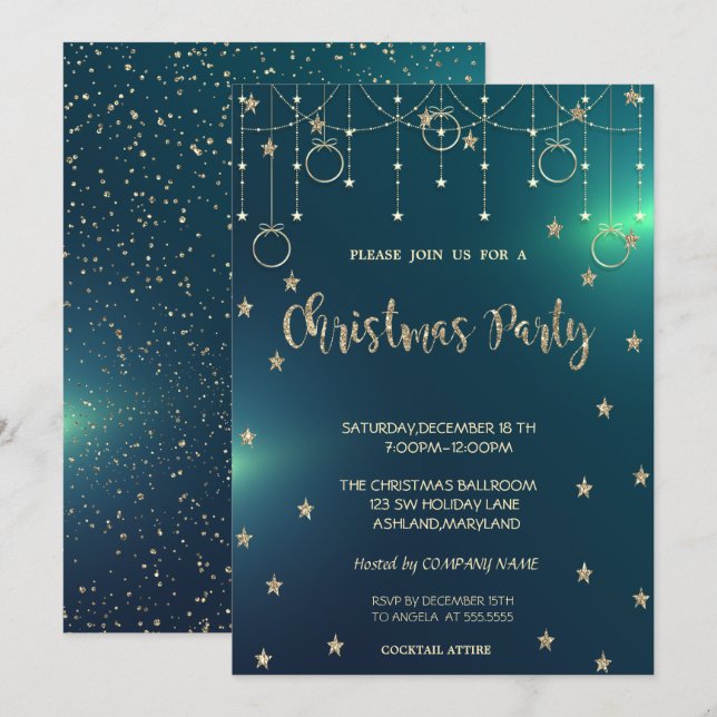 Gold Ornaments,Stars Green Company Christmas Party Invitation (Front/Back)