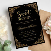 Gold Ornate Border Black Sweet Sixteen 16 Birthday