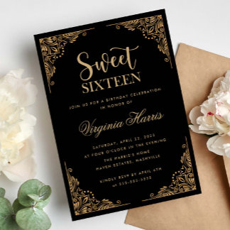 Gold Ornate Border Black Sweet Sixteen 16 Birthday Invitation