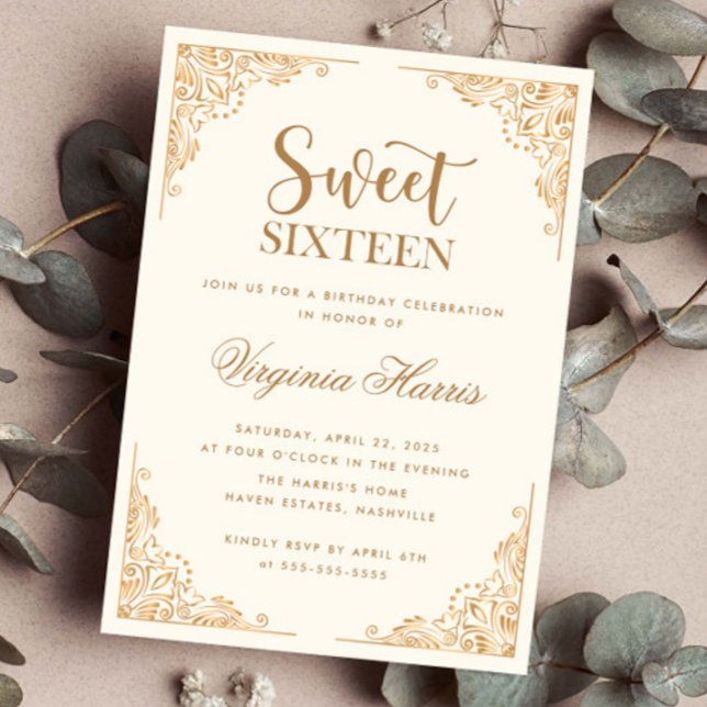 Gold Ornate Border Cream Sweet Sixteen 16 Birthday Invitation (Creator Uploaded)